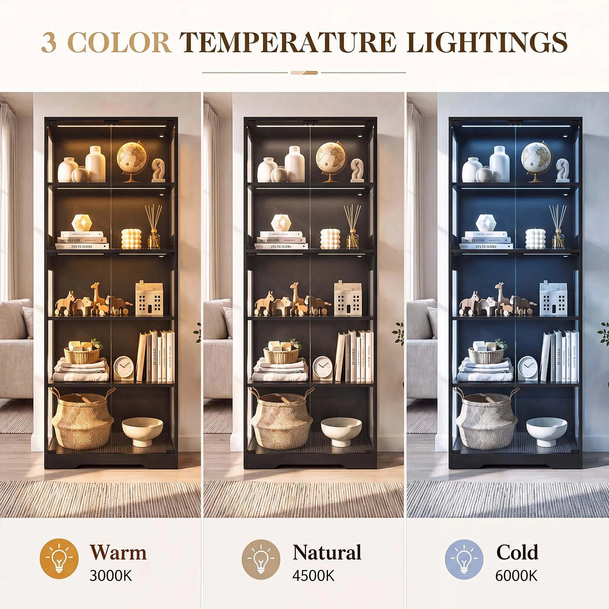 TCGBKAF 5‑Tier Display Cabinet with Glass Doors Motion Sensor Dimmable LED Lights Wooden Frame Display Storage Cabinet for Collectible Figures Living Room Bedroom Office Home Furniture - Artículos HE